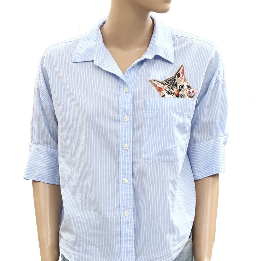 Maeve Anthropologie Buttondown Shirt Top Cat Embroidered Striped Blue XS 287043 - Picture 4 of 8